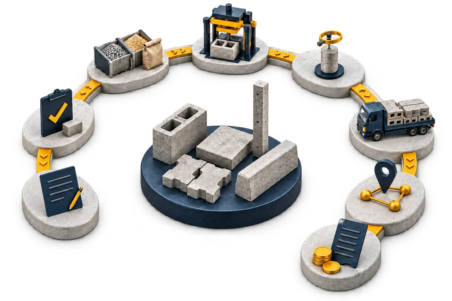 Des blocs, des pavés, un poteau, une dalle et une bordure au centre, entourés par le parcours de l’usine : devis, approbation, matière première, production, essai de laboratoire, expédition, livraison sur chantier et encaissement.