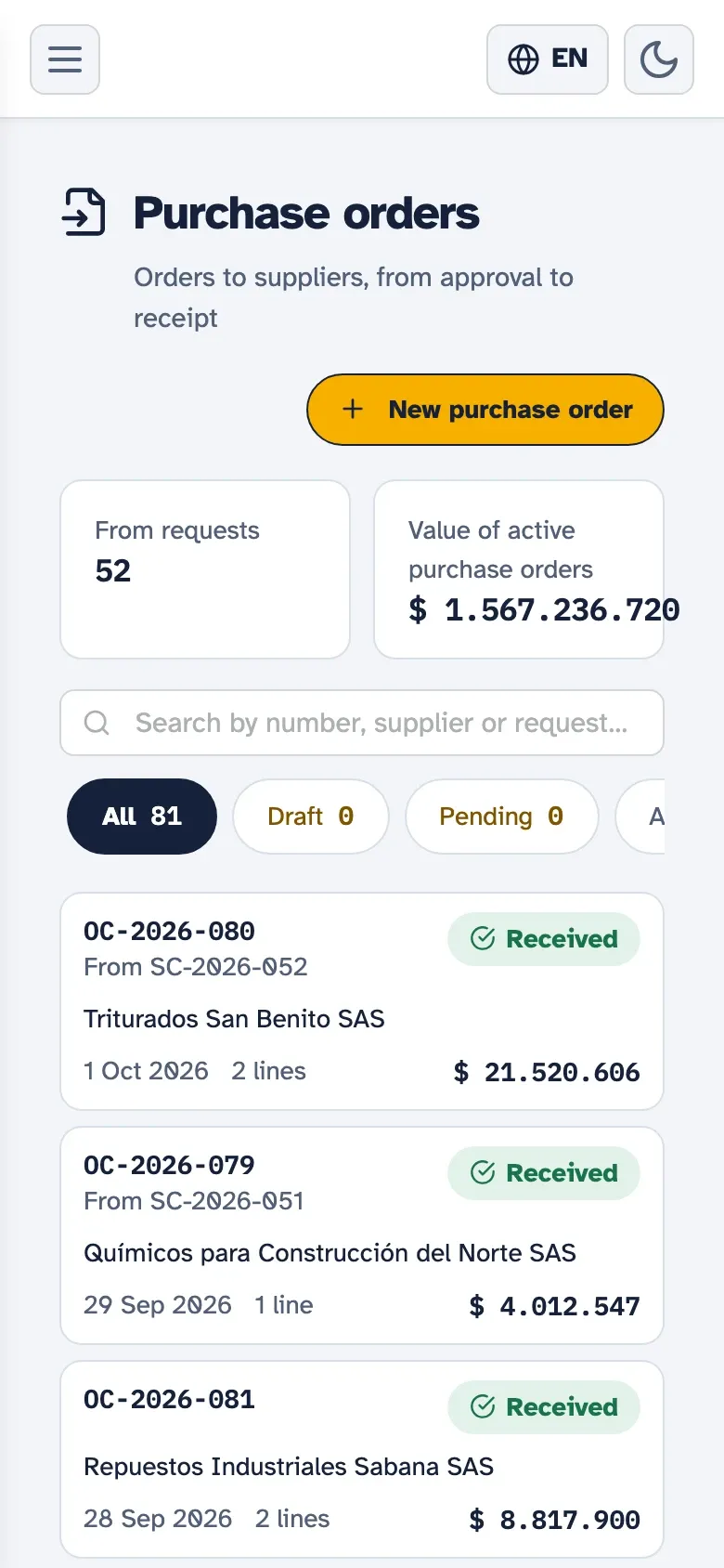 Kembrio purchase orders on a phone