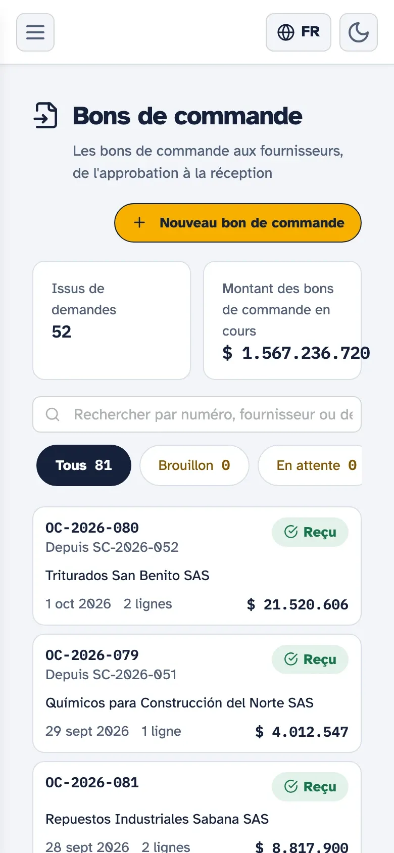 Bons de commande de Kembrio sur mobile