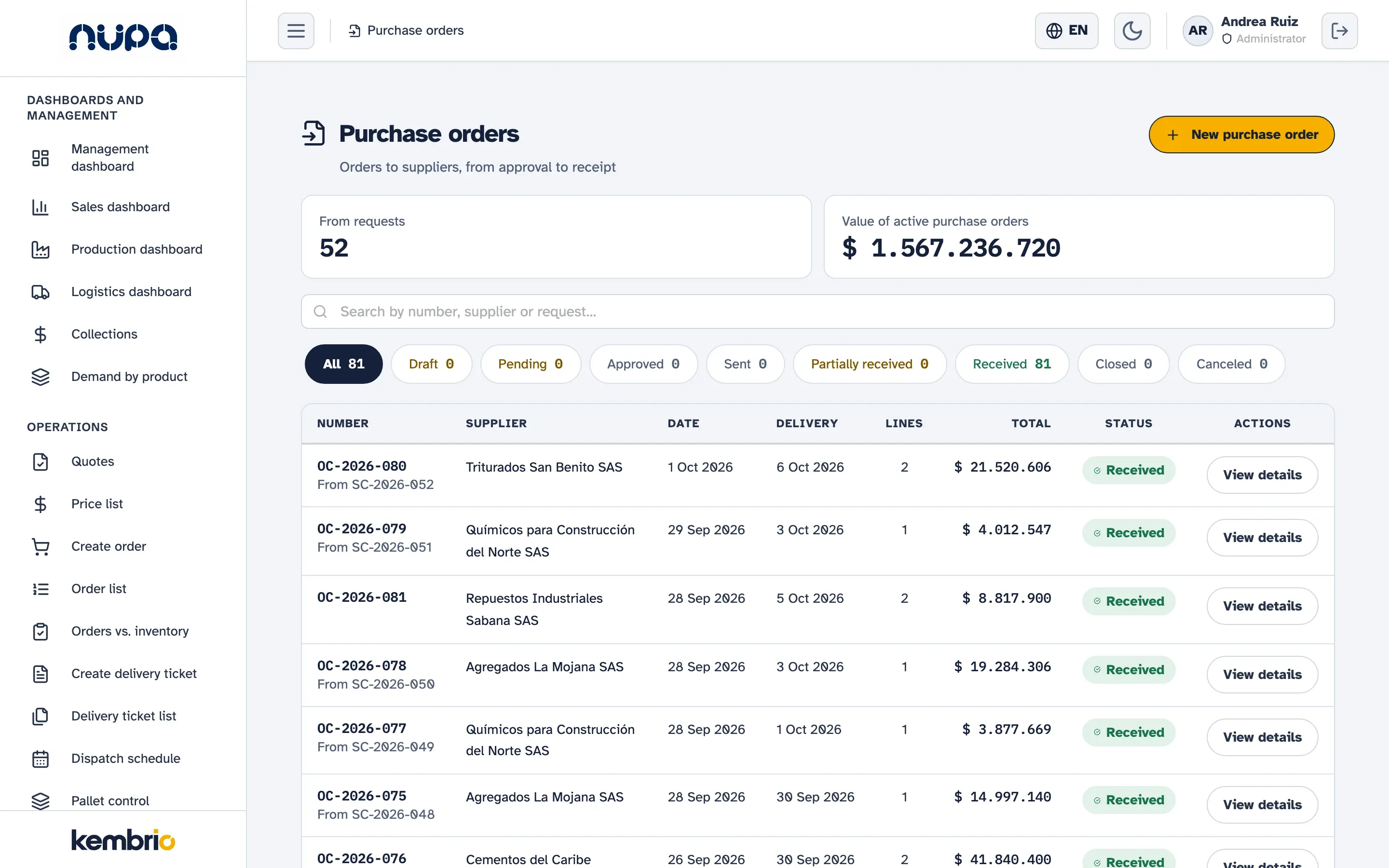 Kembrio purchase orders on a computer