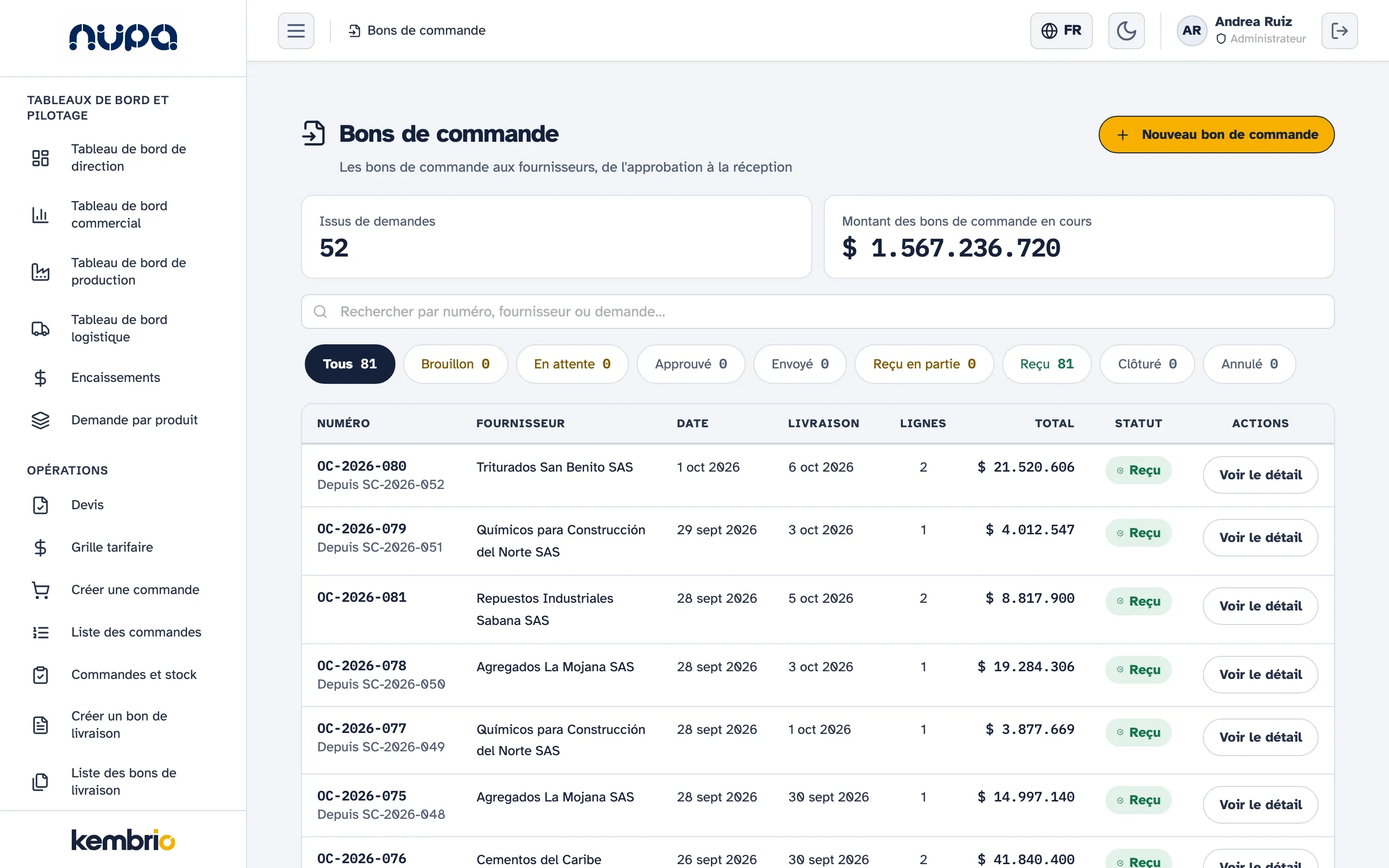 Bons de commande de Kembrio sur ordinateur