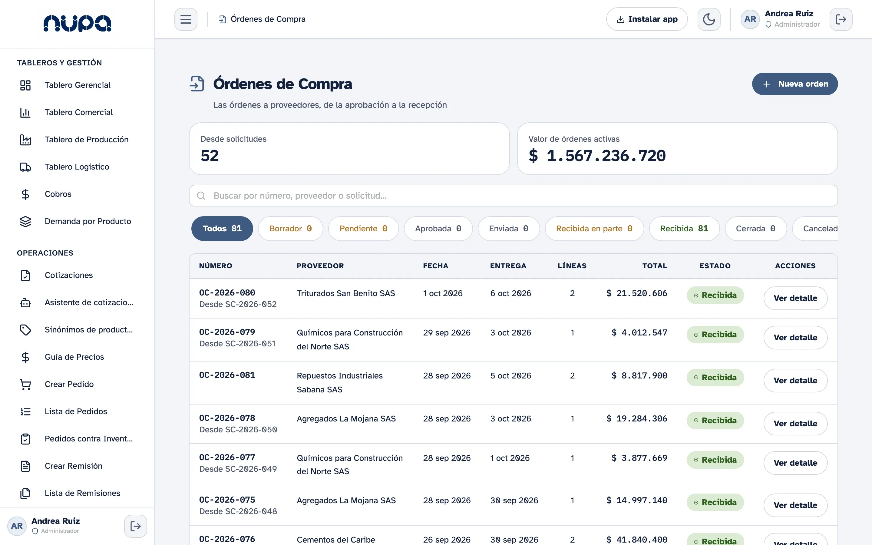 Órdenes de compra de Kembrio en el computador