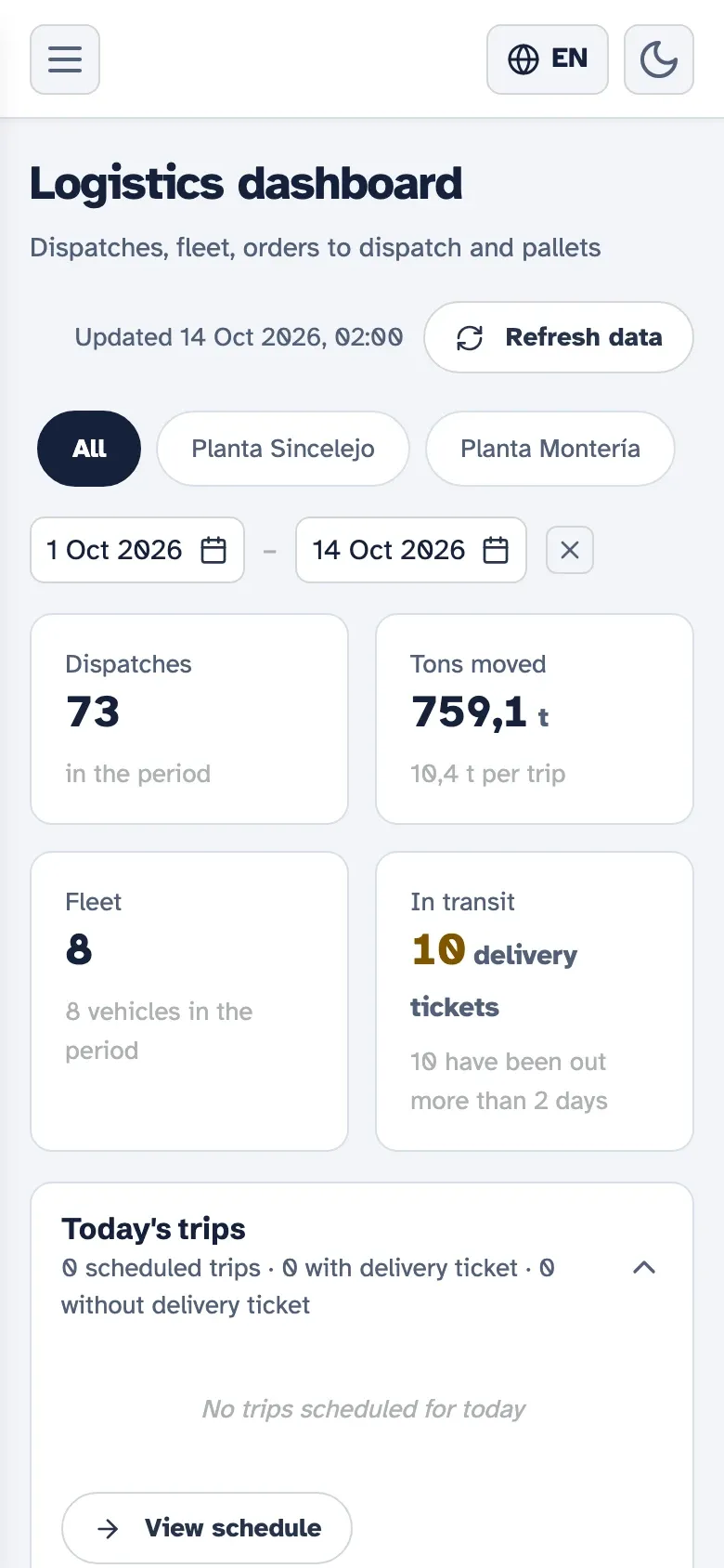 Kembrio logistics dashboard on a phone