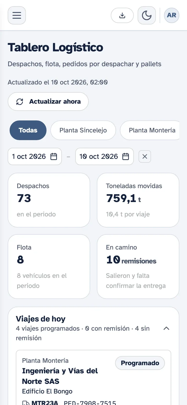 Tablero logístico de Kembrio en el celular