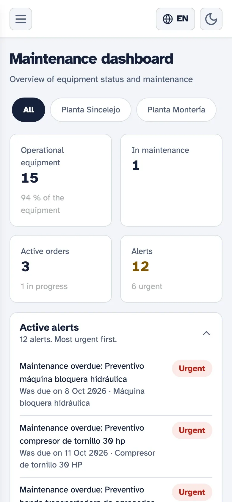 Kembrio maintenance dashboard on a phone