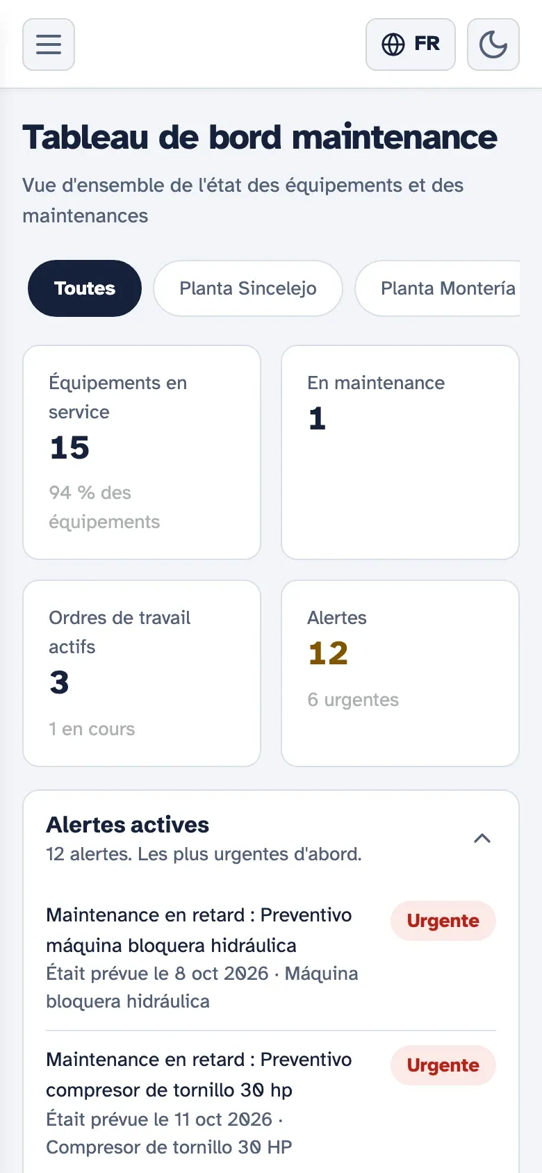 Tableau de bord de maintenance de Kembrio sur mobile