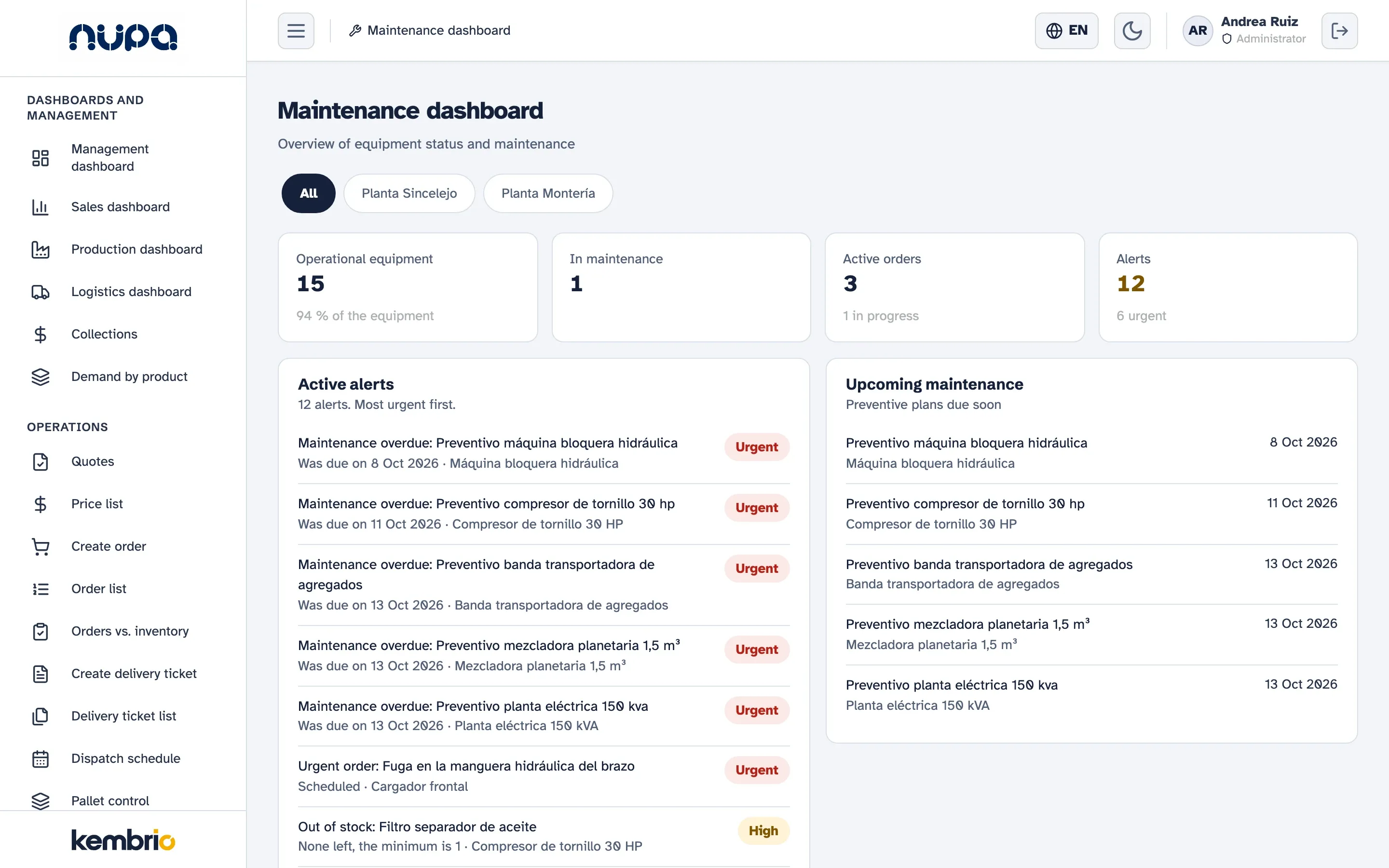 Kembrio maintenance dashboard on a computer