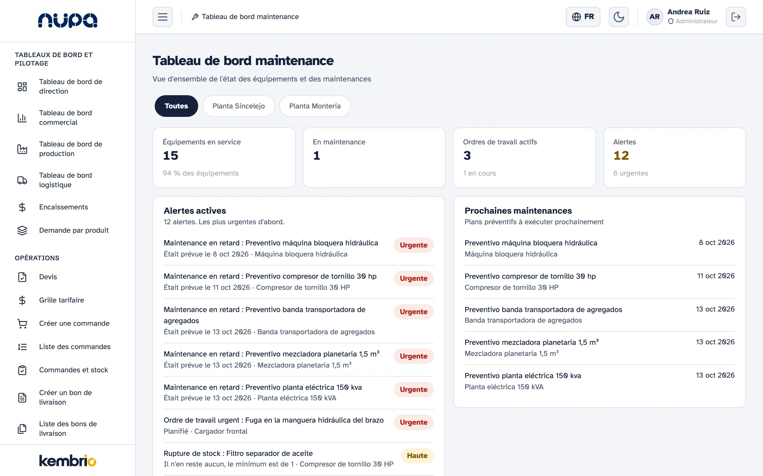 Tableau de bord de maintenance de Kembrio sur ordinateur