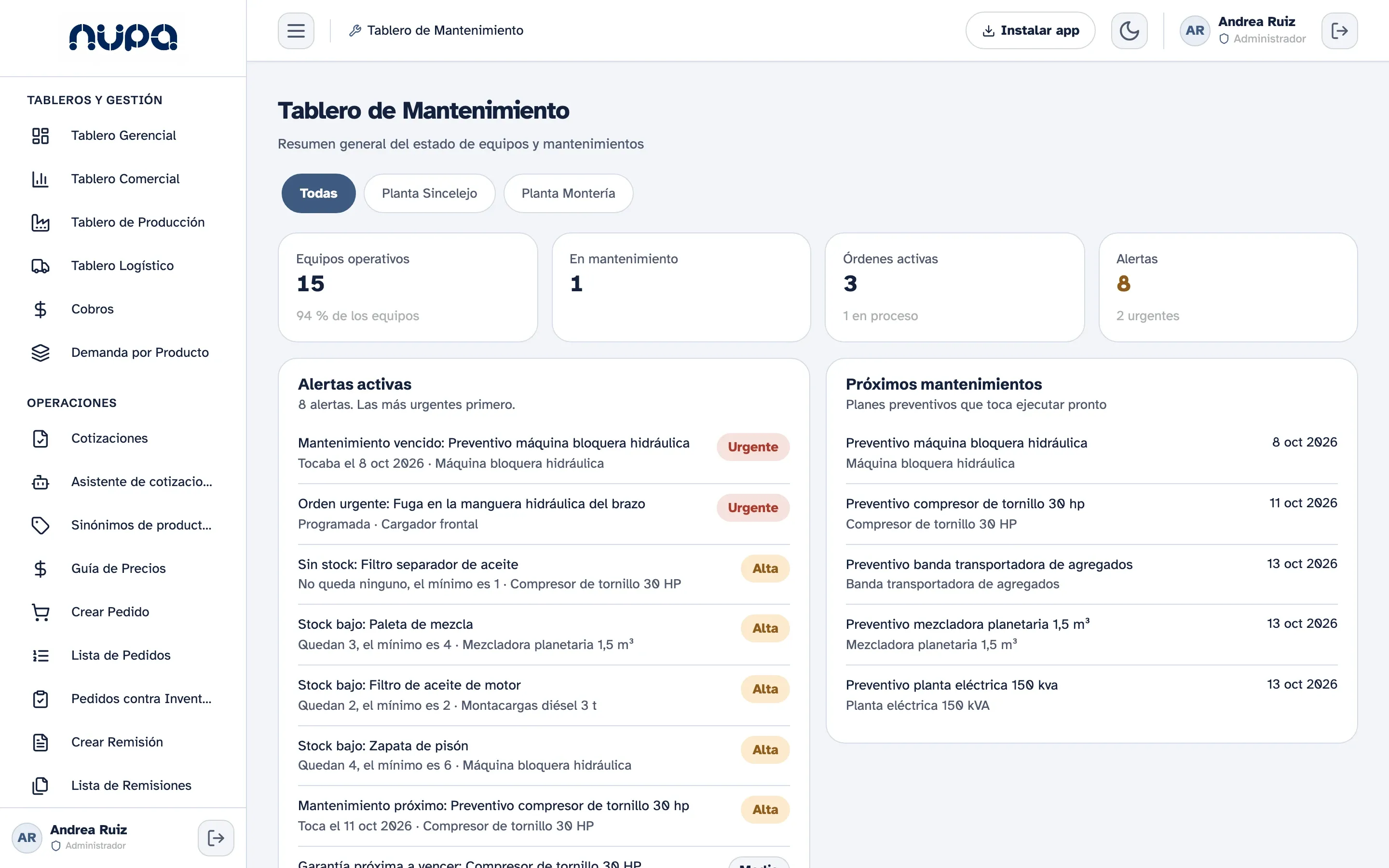 Tablero de mantenimiento de Kembrio en el computador