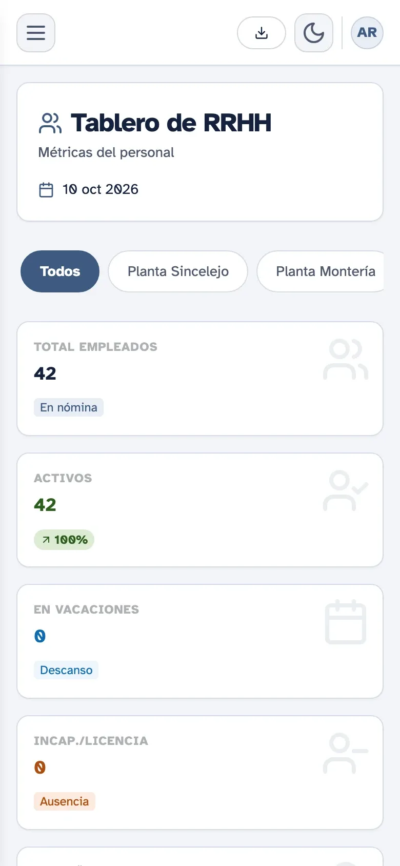 Tablero de personal de Kembrio en el celular