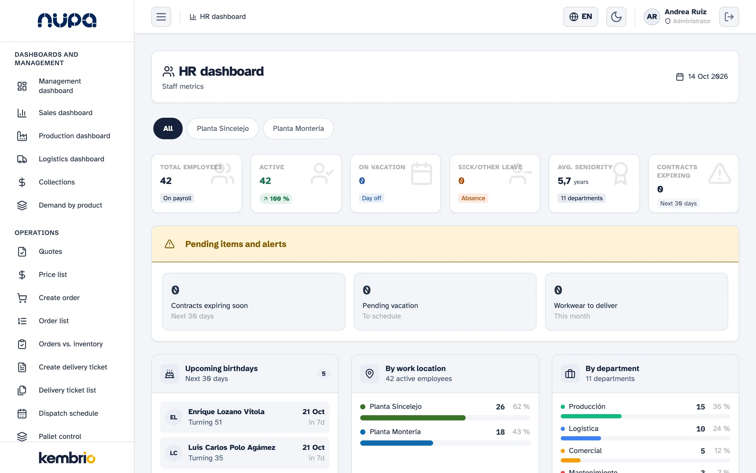 Kembrio hR dashboard on a computer